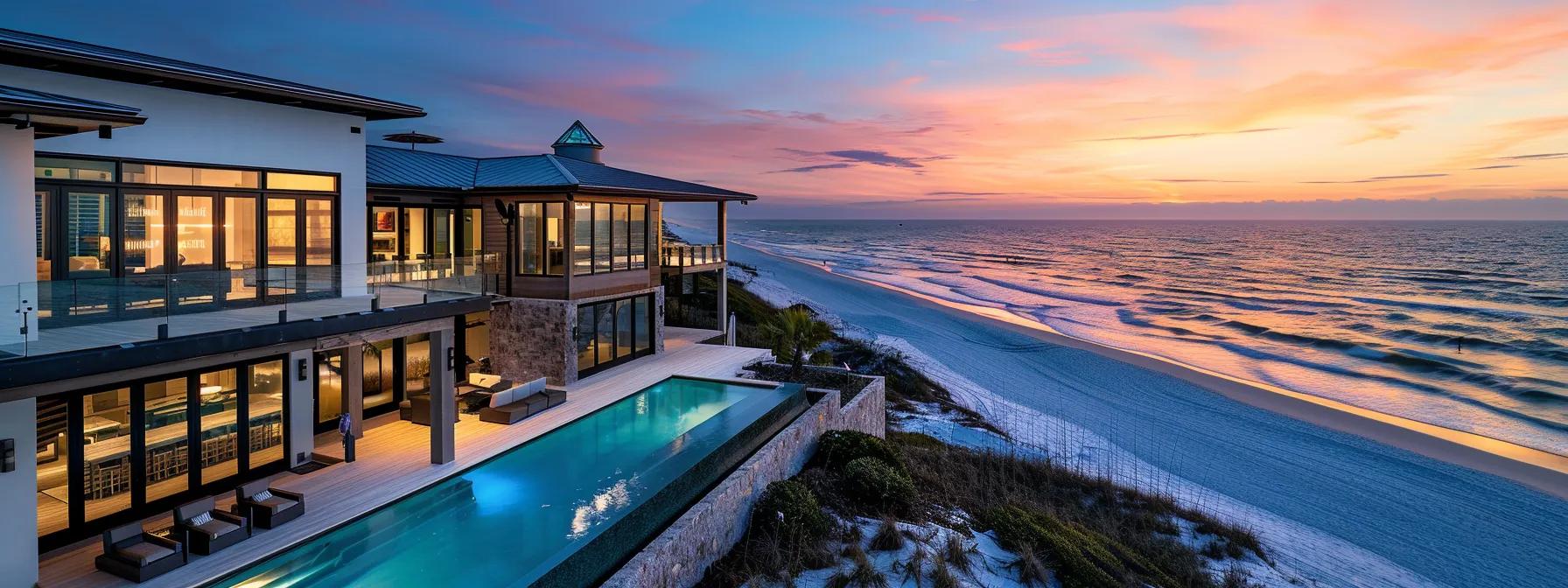 a stunning beachfront view of a luxurious 30a florida home, with turquoise waves lapping against white sandy shores under a vibrant sunset sky.